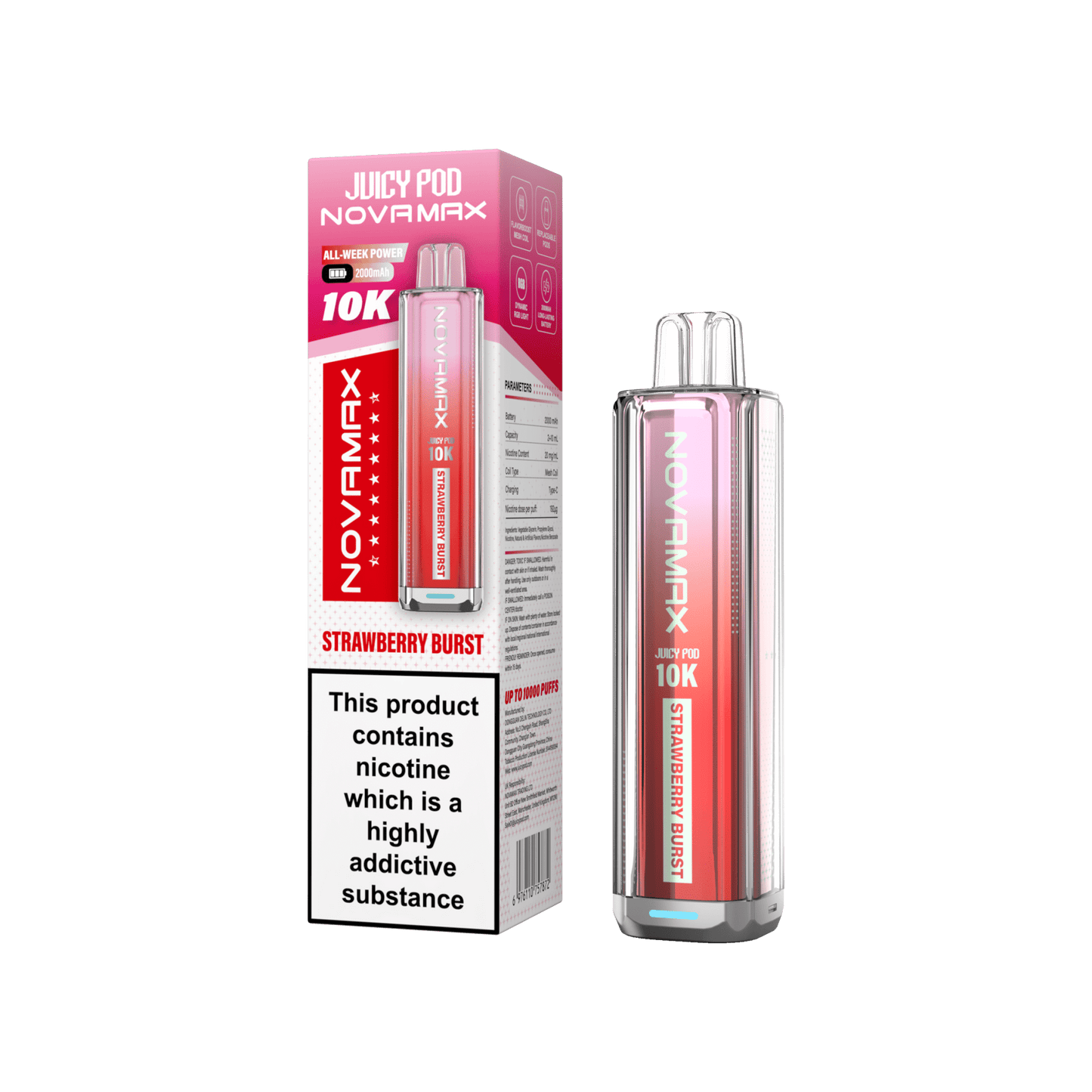 Juicy Pod Novamax 10k Prefilled Pod Vape Kit Pack of 5, Strawberry Brust Flavour