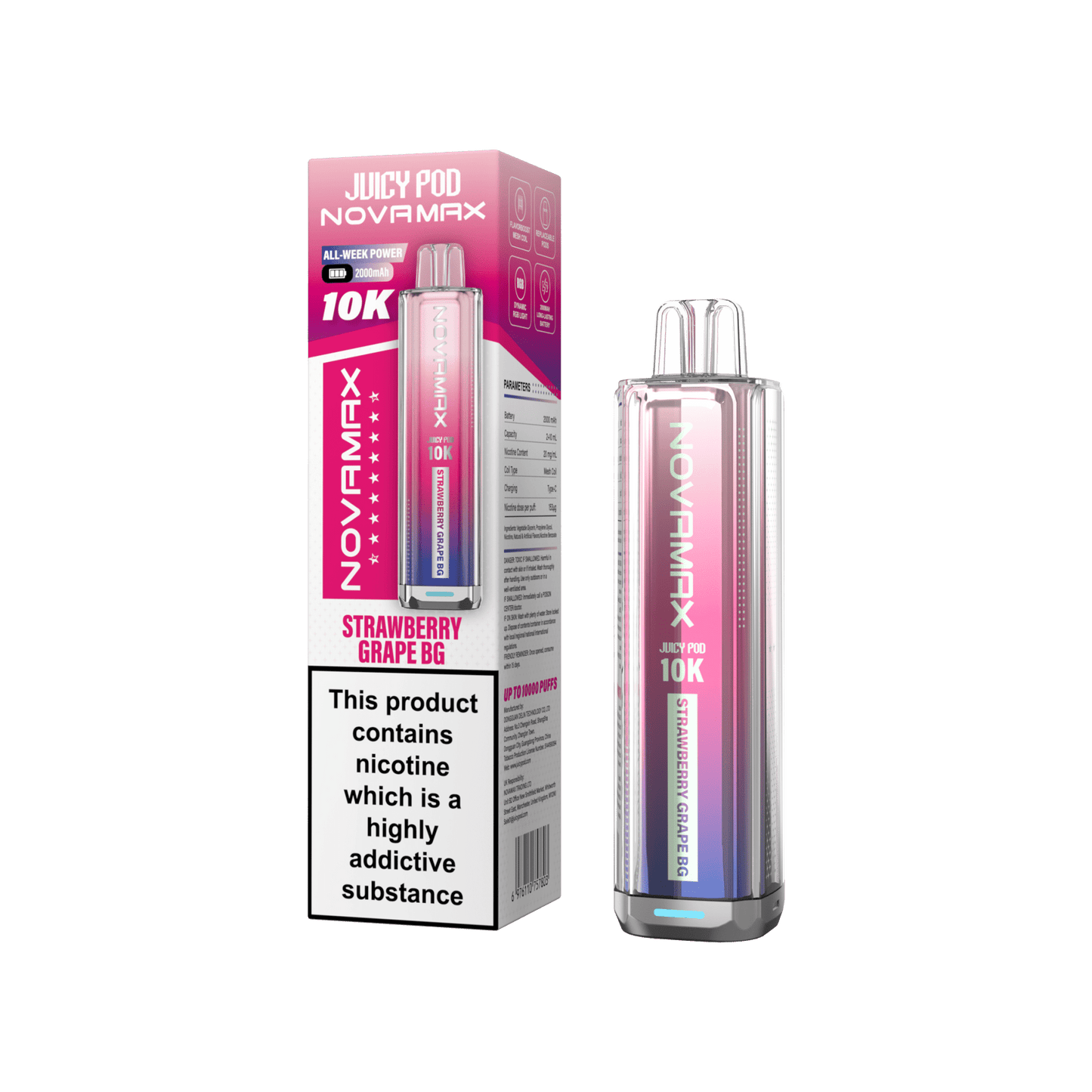 Juicy Pod Novamax 10k Prefilled Pod Vape Kit Pack of 5, Strawberry Grape BG Flavour