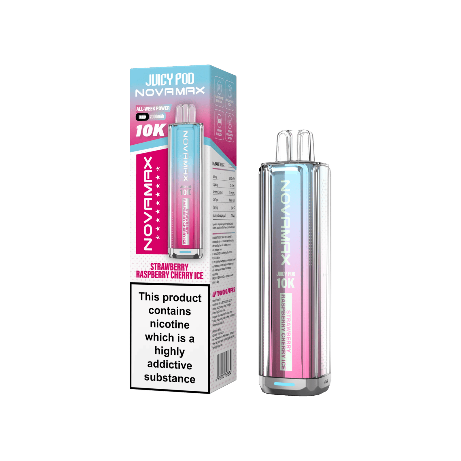 Juicy Pod Novamax 10k Prefilled Pod Vape Kit Pack of 5, Strawberry Raspberry Cherry Ice Flavour