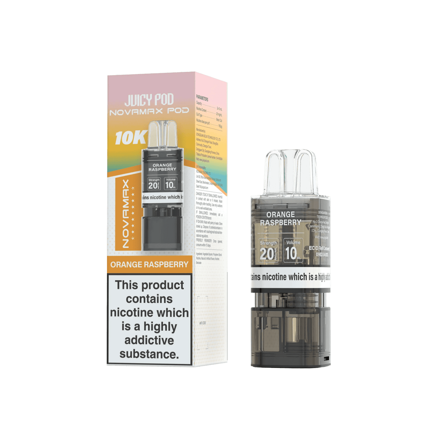 Juicy Pod Novamax 10k Replacement Pods, Orange Raspberry Flavour
