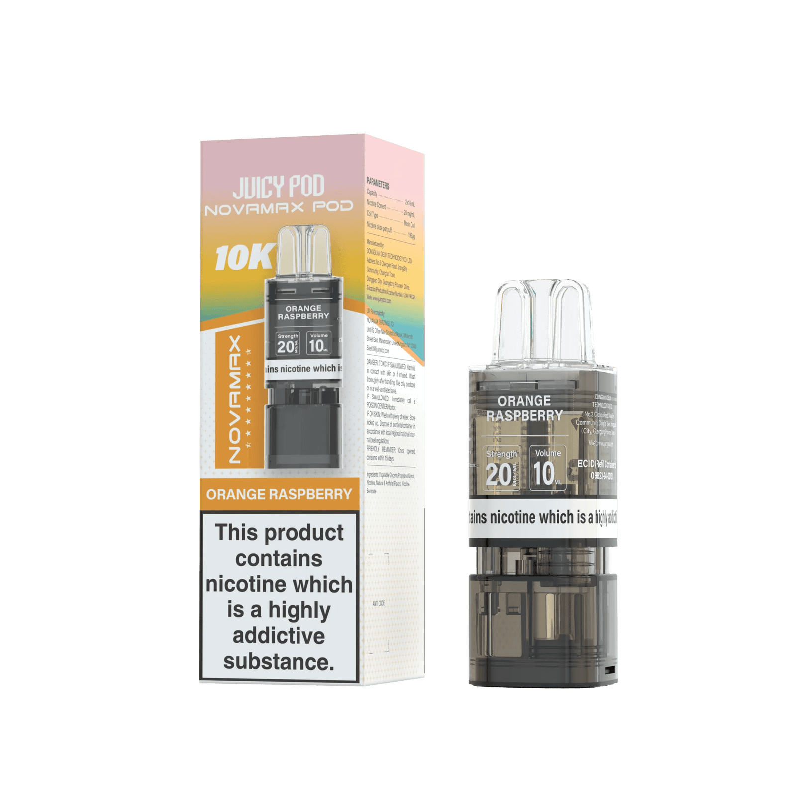 Juicy Pod Novamax 10k Replacement Pods, Orange Raspberry Flavour