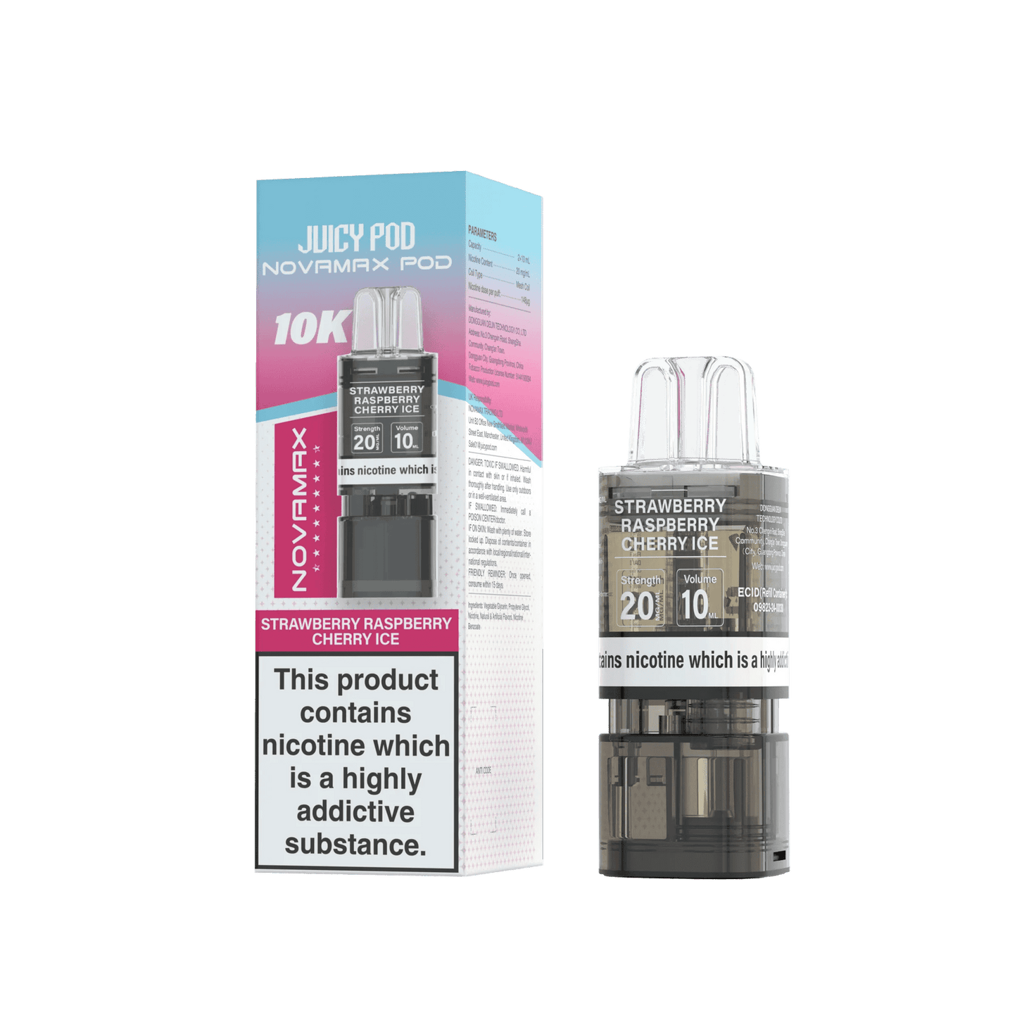 Juicy Pod Novamax 10k Replacement Pods, Strawberry Raspberry Cherry Ice Flavour