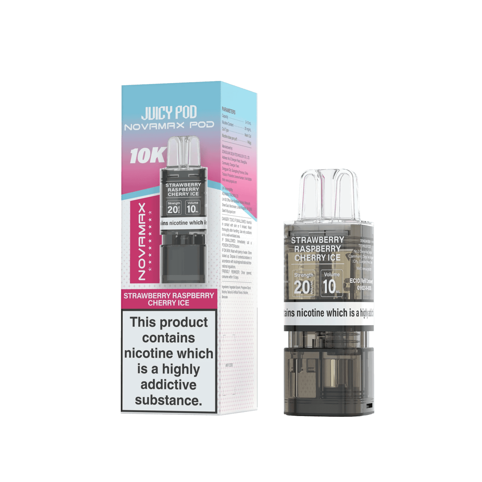 Juicy Pod Novamax 10k Replacement Pods, Strawberry Raspberry Cherry Ice Flavour