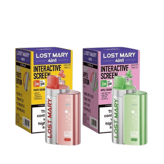 Lost Mary 4-in-1 disposable pod vape kits in red and green packaging with interactive screens.