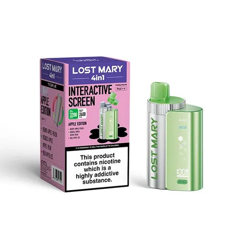 Lost Mary 4-in-1 Pre-Filled Pod Vape Kit Apple Edition 4 Flavours Berry Apple Peach, Double Apple, Apple Pear, Red Apple Ice