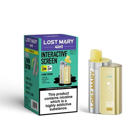 Lost Mary 4-in-1 Pre-Filled Pod Vape Kit Lemon Edition 4 Flavours Lemon Lime, Pink Lemonade, Lemon Ice, Pineapple Lemon