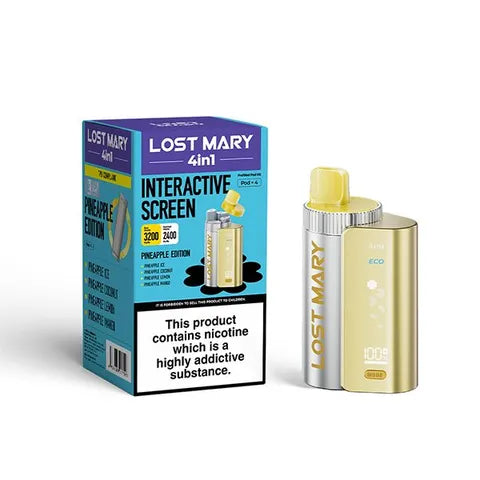 Lost Mary 4-in-1 Pre-Filled Pod Vape Kit Pineapple Edtion 4 Flavours Pineapple Ice, Pineapple Coconut, Pineapple Lemon, Pineapple Mango