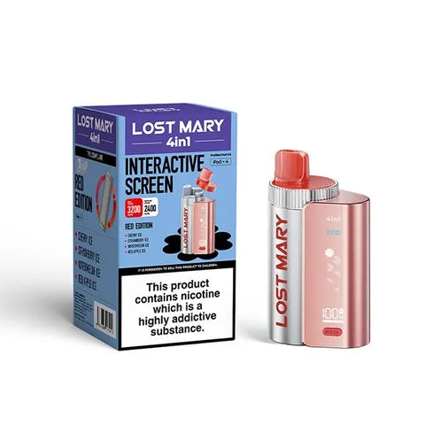 Lost Mary 4-in-1 Pre-Filled Pod Vape Kit Red Edition 4 Flavours Cherry Ice, Strawberry Ice, Watermelon Ice, Red Apple Ice