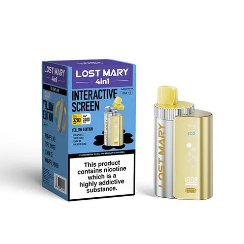 Lost Mary 4-in-1 Pre-Filled Pod Vape Kit Yellow Edition 4 Flavours Pineapple Ice, Triple Mango, Lemon Ice, Pineapple Mango
