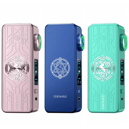 Three Lost Vape Centaurus M100 box mods in pink, blue, and green with intricate designs.