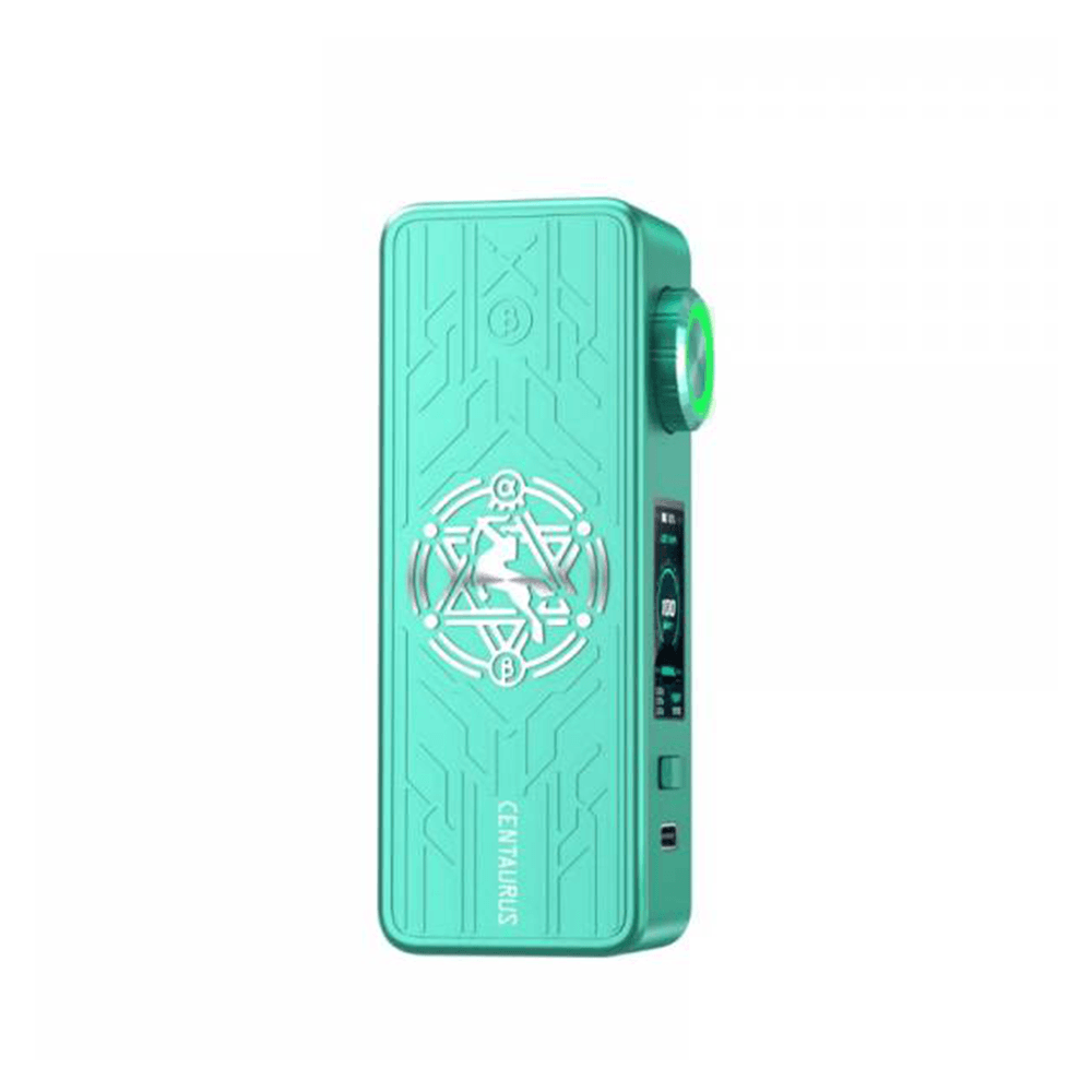 Lost Vape Centaurus M100 Box Mod in teal with intricate geometric design and side display.