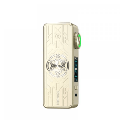 Lost Vape Centaurus M100 box mod, gold design, with intricate patterns and digital display.