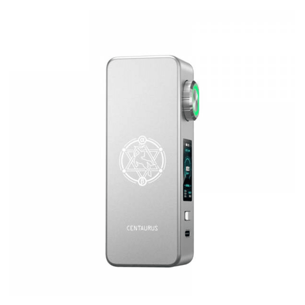 Lost Vape Centaurus M100 box mod in silver with a digital display and circular design.