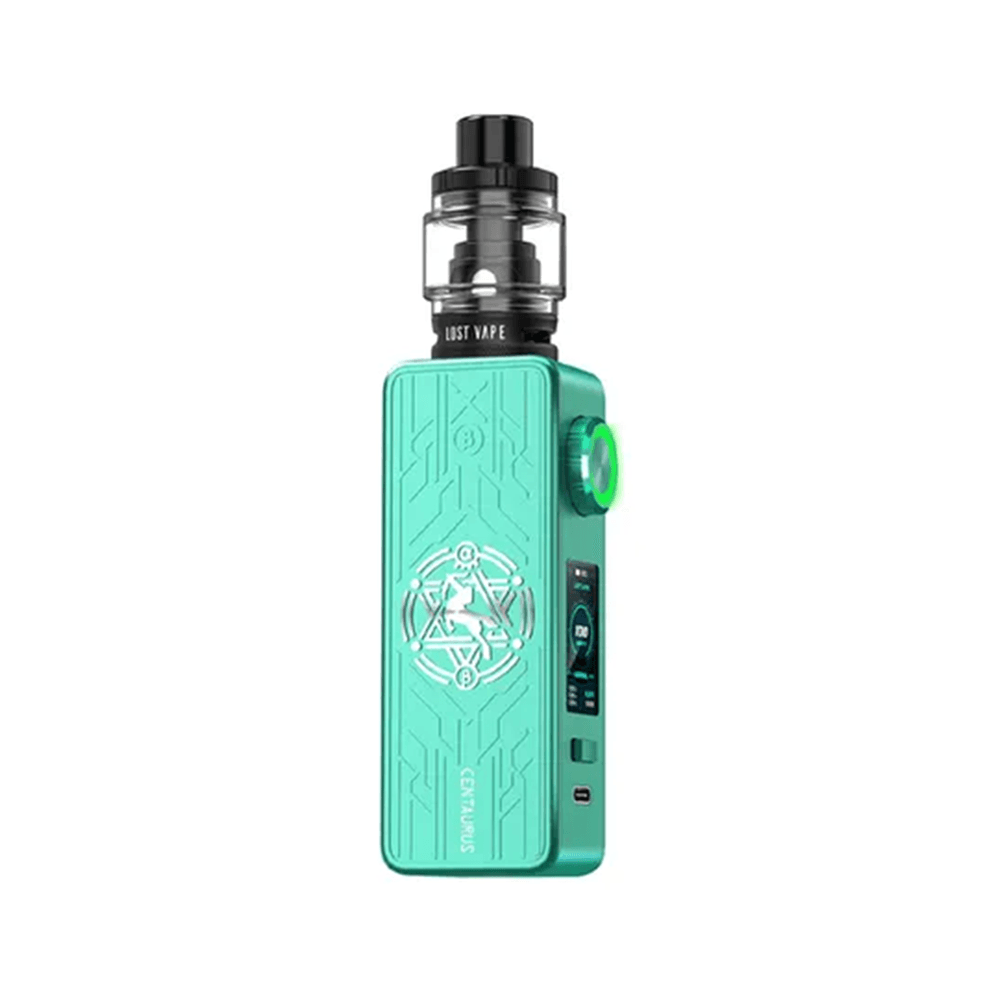 Lost Vape Centaurus M100 kit in teal with geometric design and digital display.