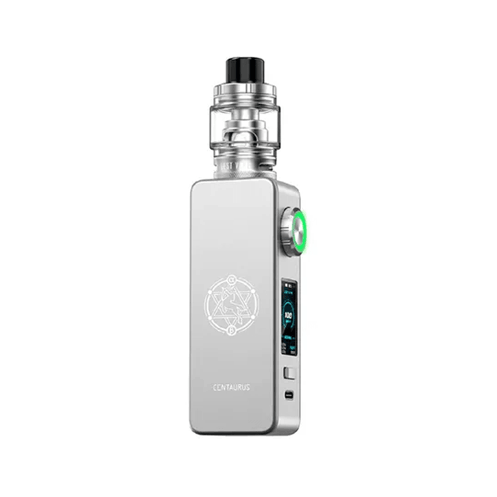 Lost Vape Centaurus M100 vape kit in silver with a detailed design and display screen.