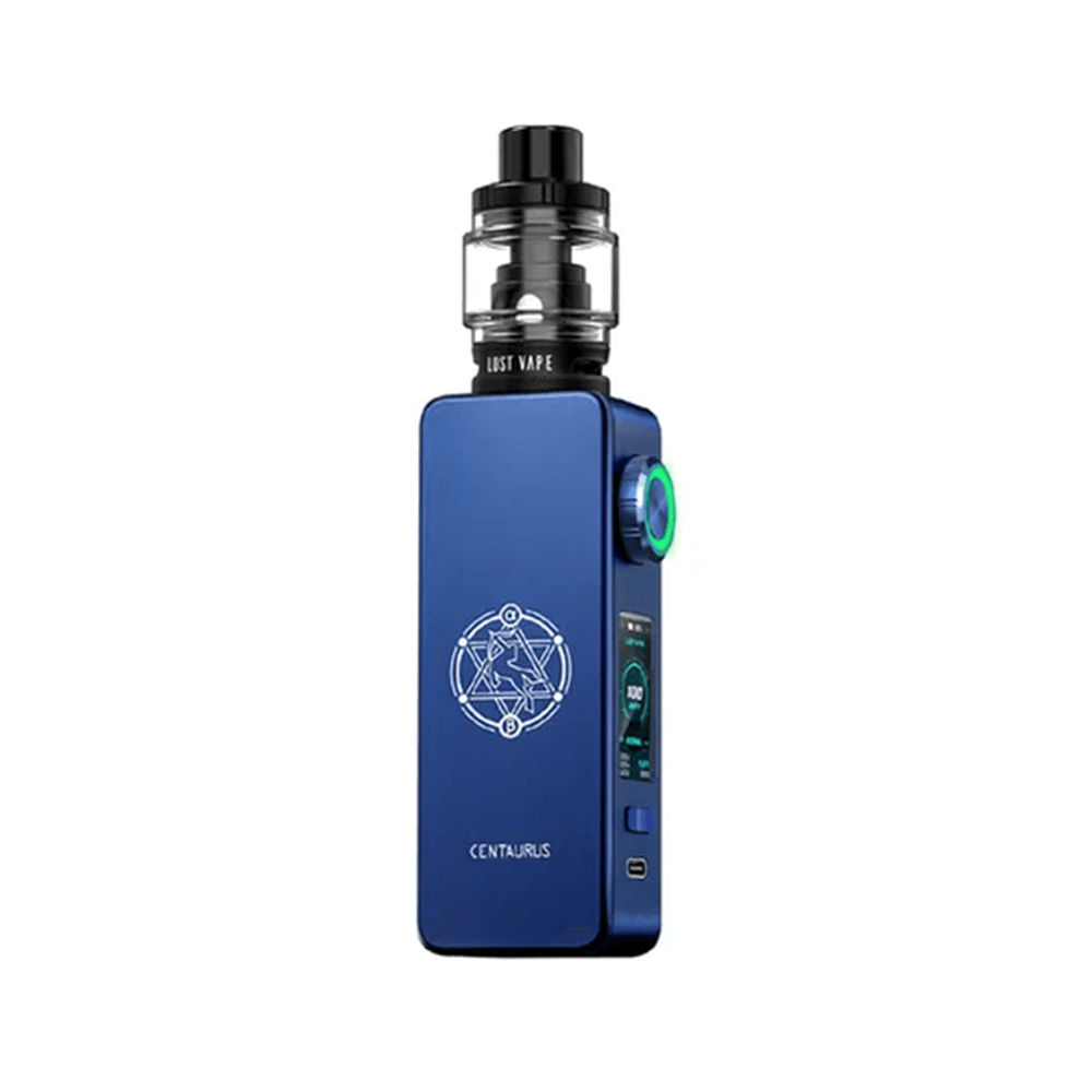 Lost Vape Centaurus M100 kit in blue with intricate design, featuring a clear tank.