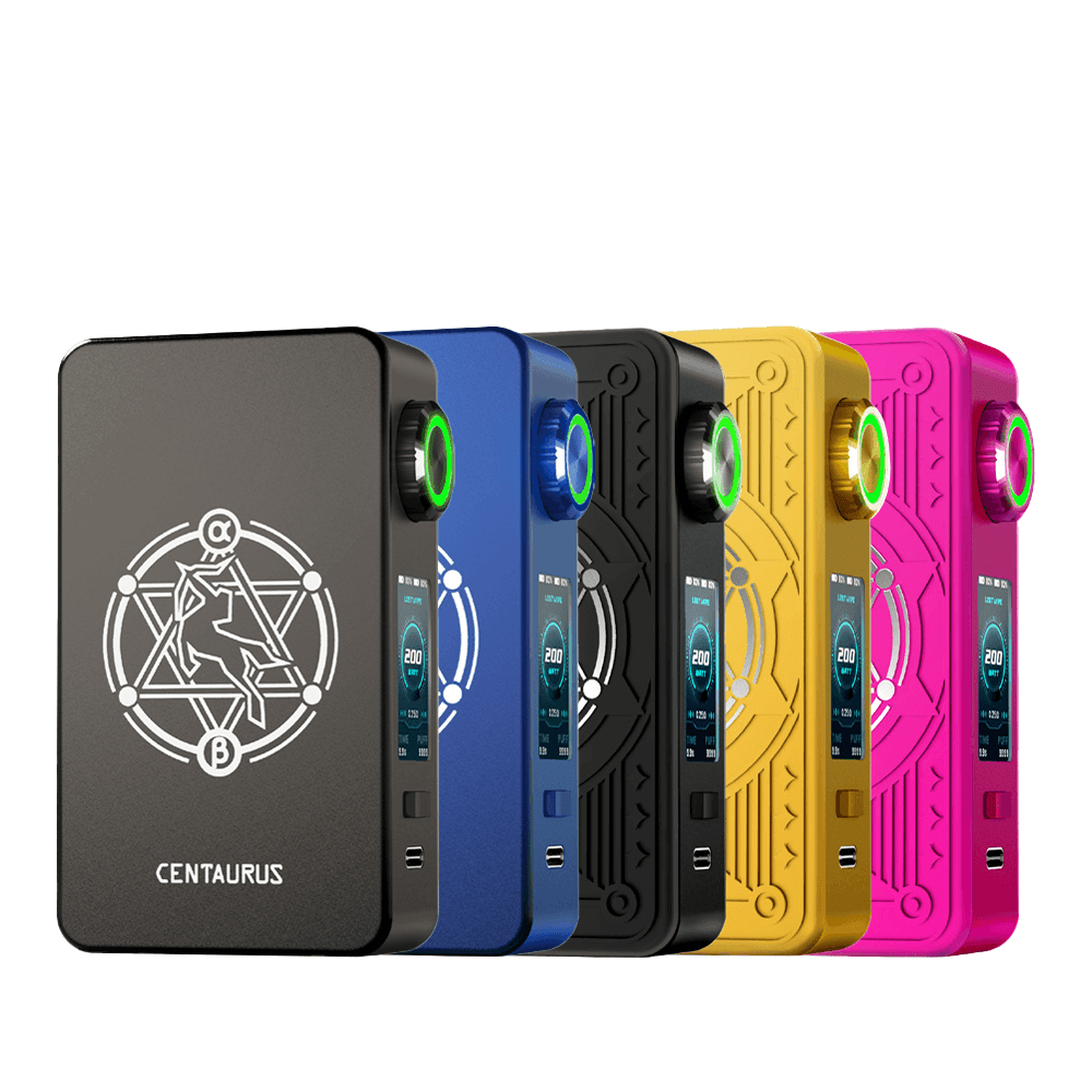Five colourful Lost Vape Centaurus M200 box mods in a row.