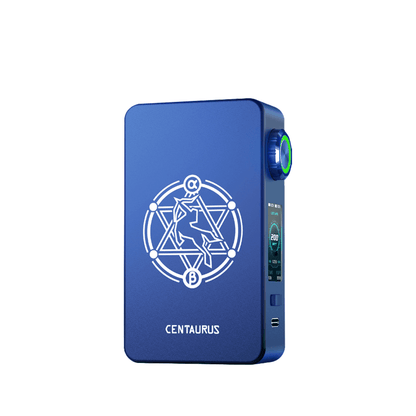 Blue Lost Vape Centaurus M200 box mod with geometric design and display screen.