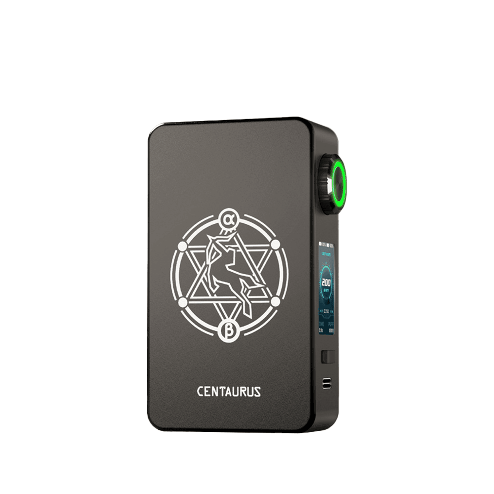 Lost Vape Centaurus M200 box mod, sleek black design with geometric logo and digital display.