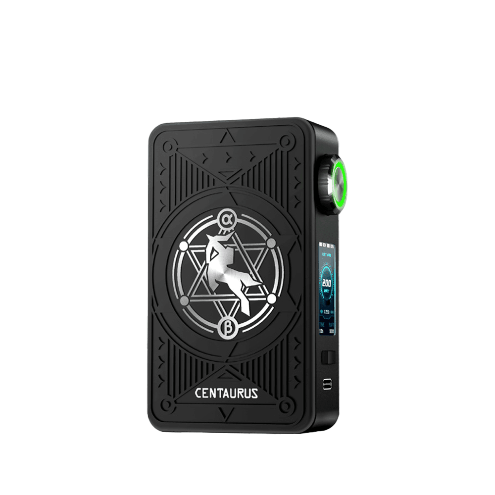 Black Centaurus M200 box mod with geometric design and side display screen.
