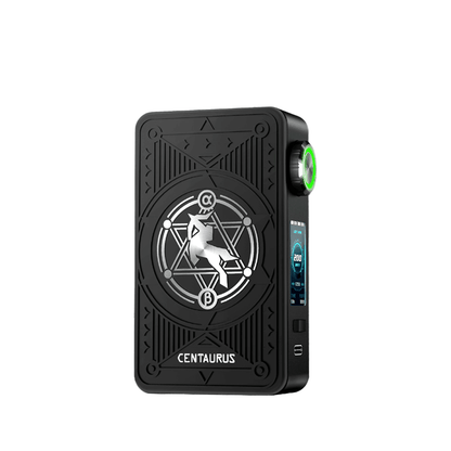 Black Centaurus M200 box mod with geometric design and side display screen.