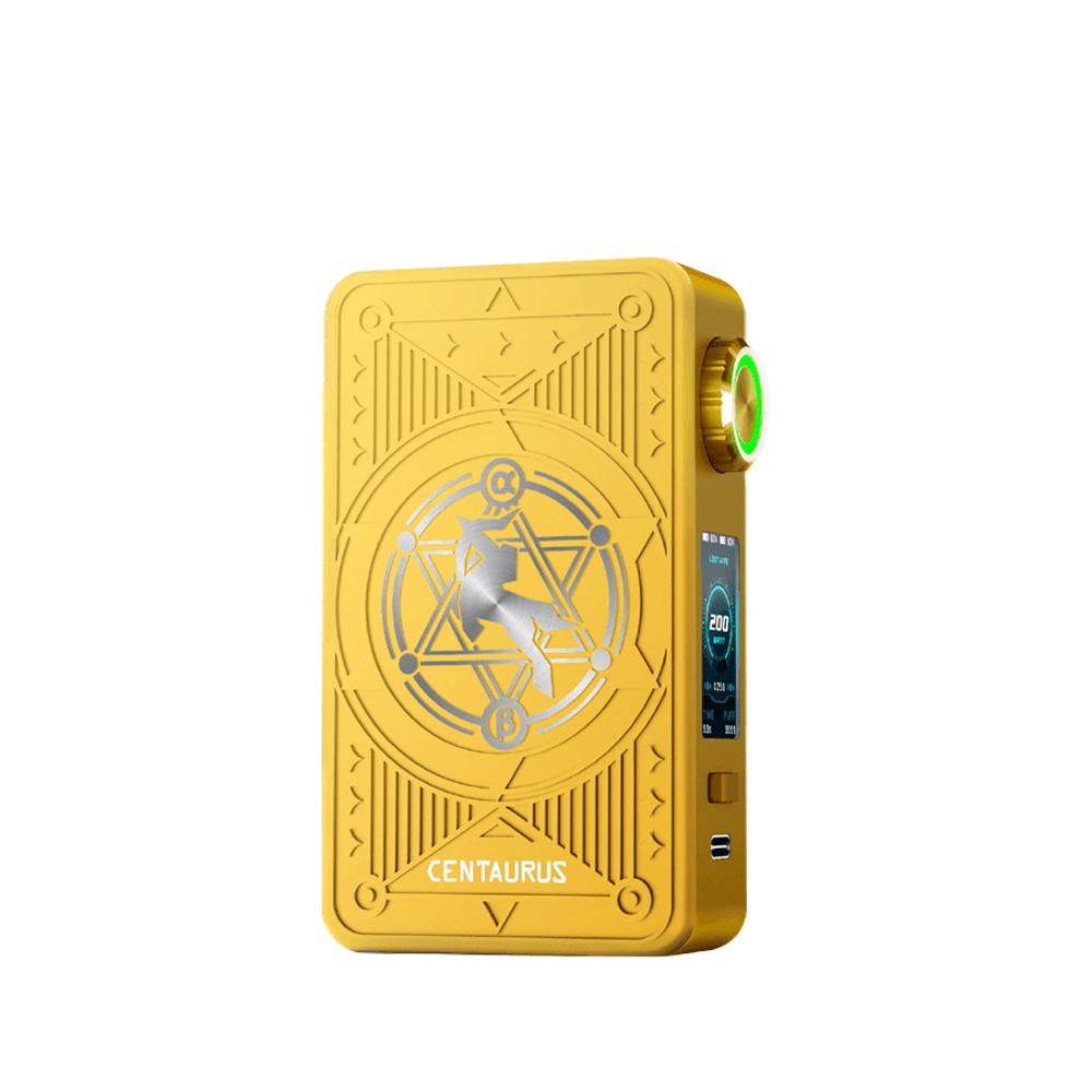 Golden box mod with intricate geometric design and display screen on the side.