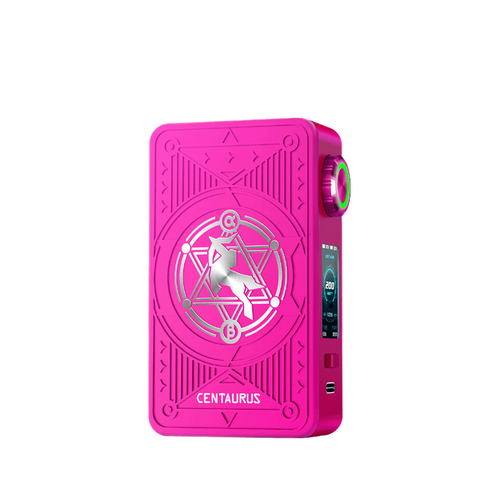 Pink Lost Vape Centaurus M200 box mod with intricate design and digital display.