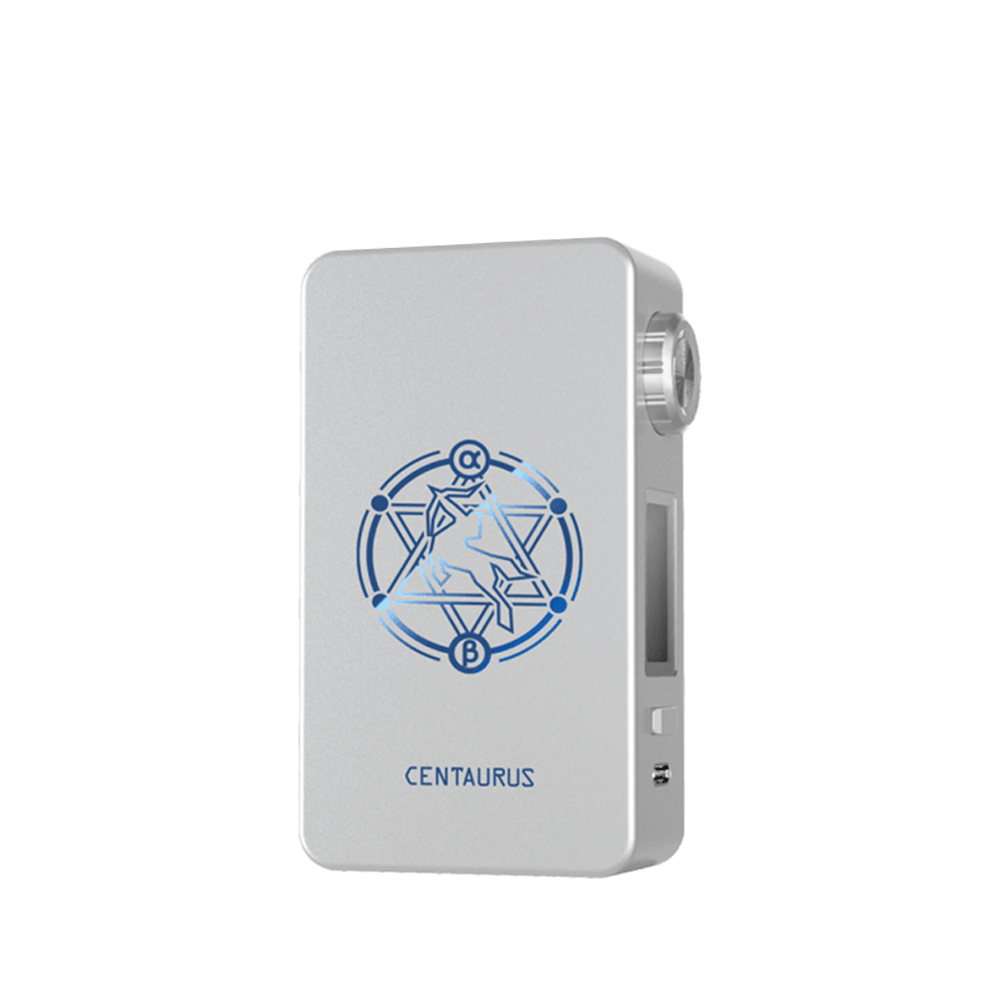 Silver Lost Vape Centaurus M200 box mod with blue geometric design.