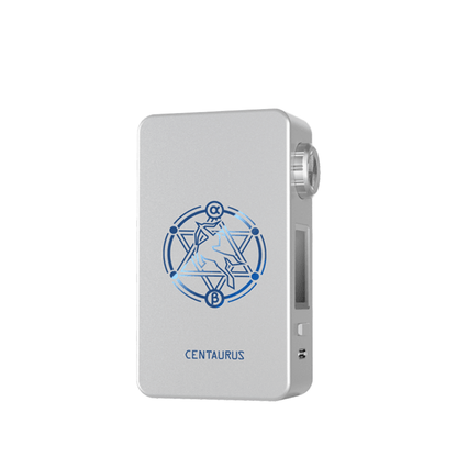 Silver Lost Vape Centaurus M200 box mod with blue geometric design.
