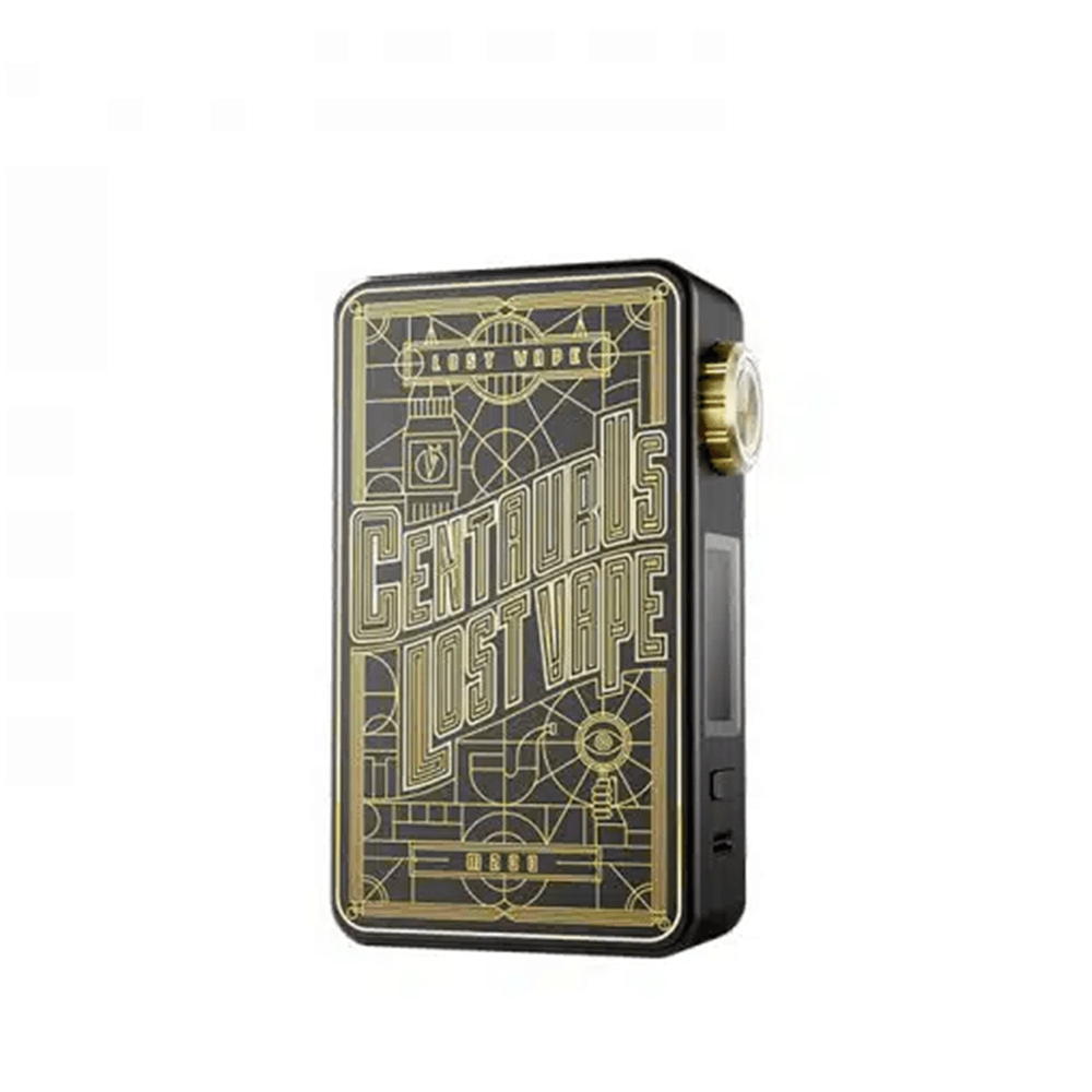 Black and gold Lost Vape Centaurus M200 box mod with intricate design.