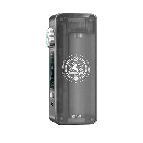 Lost Vape Centaurus N100 box mod in grey, with a transparent casing and detailed logo.