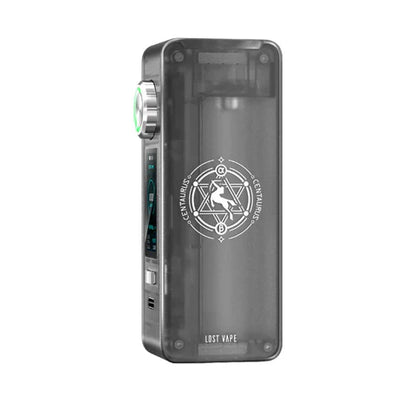 Lost Vape Centaurus N100 box mod in grey, with a transparent casing and detailed logo.