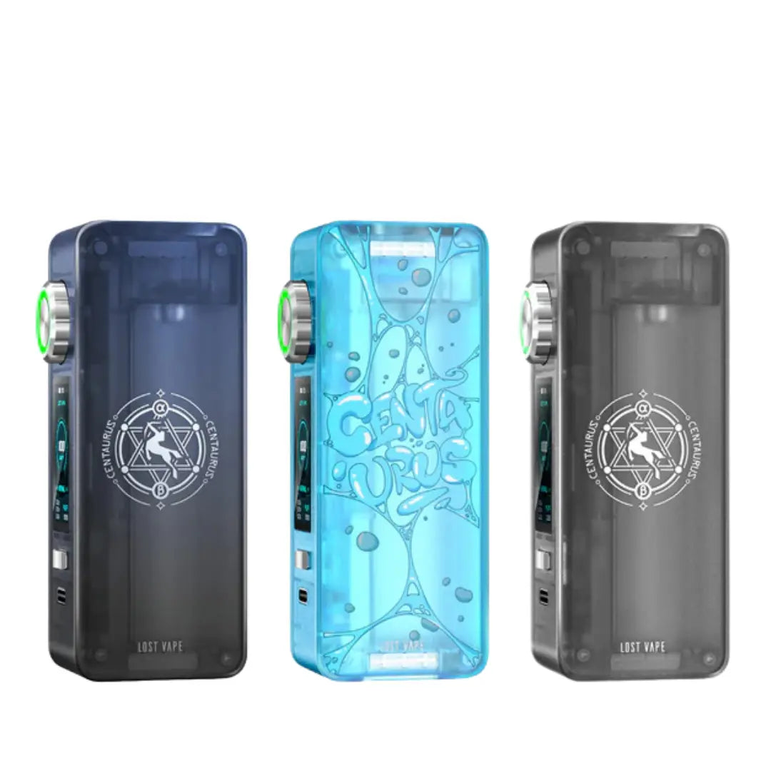 Three Lost Vape Centaurus N100 box mods in black and blue, featuring distinct designs.