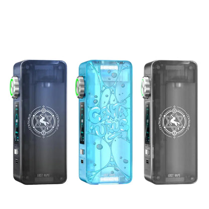 Three Lost Vape Centaurus N100 box mods in black and blue, featuring distinct designs.