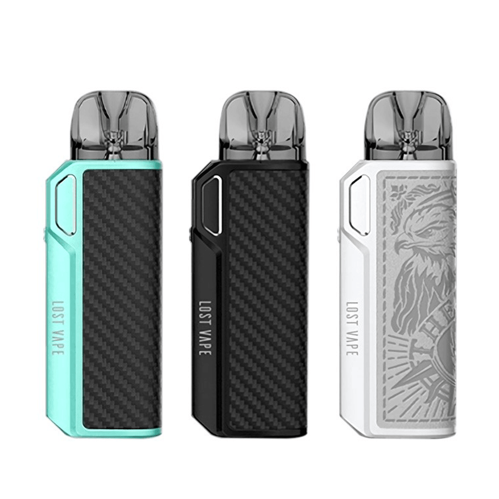 Three Lost Vape Thelema Elite 40 pod kits in teal, black, and white with eagle design.