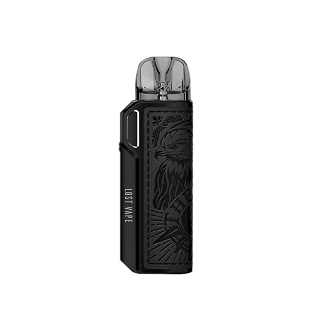 Lost Vape Thelema Elite 40 Pod Kit, black with intricate design, on a white background.