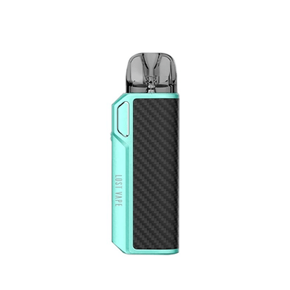 Lost Vape Thelema Elite 40 Pod Kit in teal and black carbon design, side view.