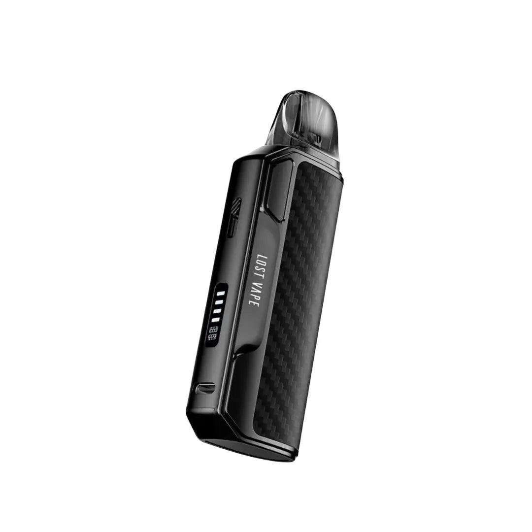 Lost Vape Thelema Elite S Pod Vape Kit in Carbon Black Colour. Showing  a type c charging port and small display screen