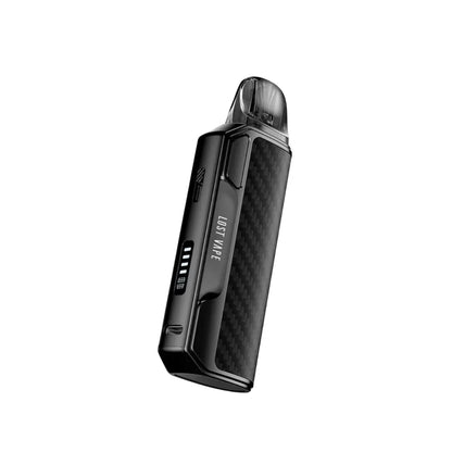 Lost Vape Thelema Elite S Pod Vape Kit in Carbon Black Colour. Showing  a type c charging port and small display screen