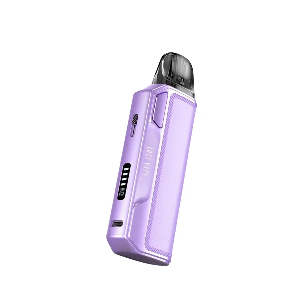 Lost Vape Thelema Elite S Pod Vape Kit in Light Lavender Colour. Showing  a type c charging port and small display screen