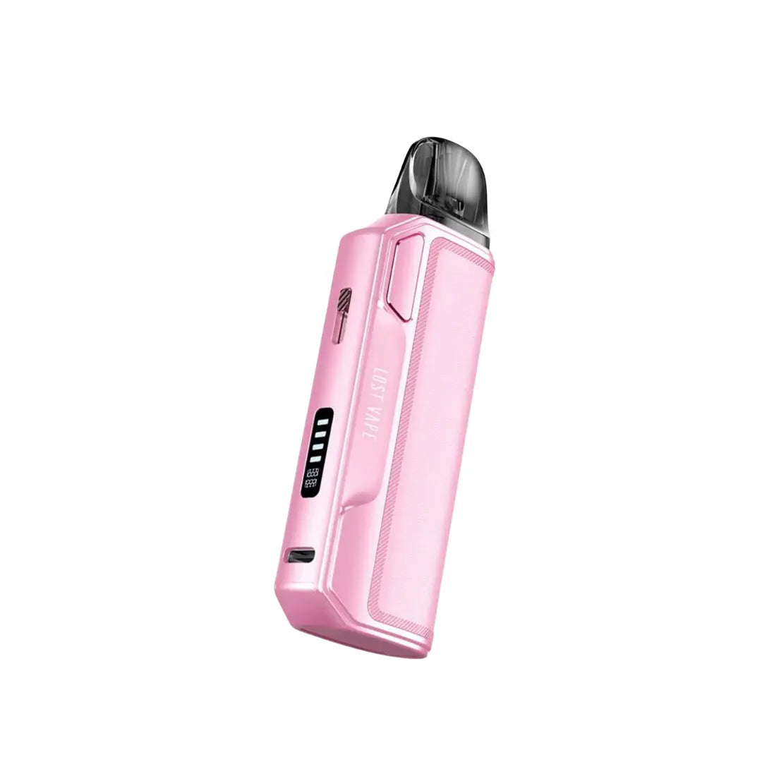 Lost Vape Thelema Elite S Pod Vape Kit in Light Pink Colour. Showing  a type c charging port and small display screen