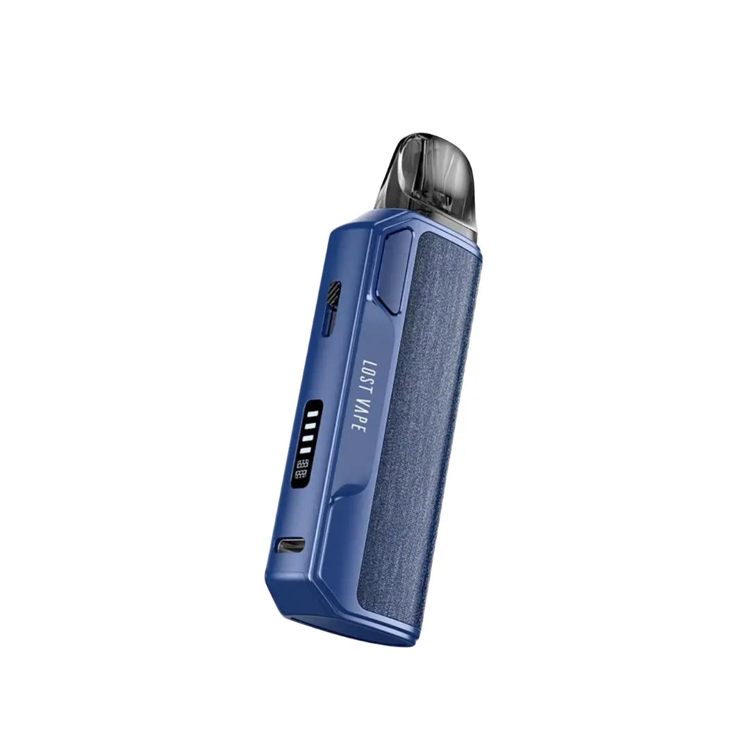 Lost Vape Thelema Elite S Pod Vape Kit in Twill Blue Denim Colour. Showing  a type c charging port and small display screen