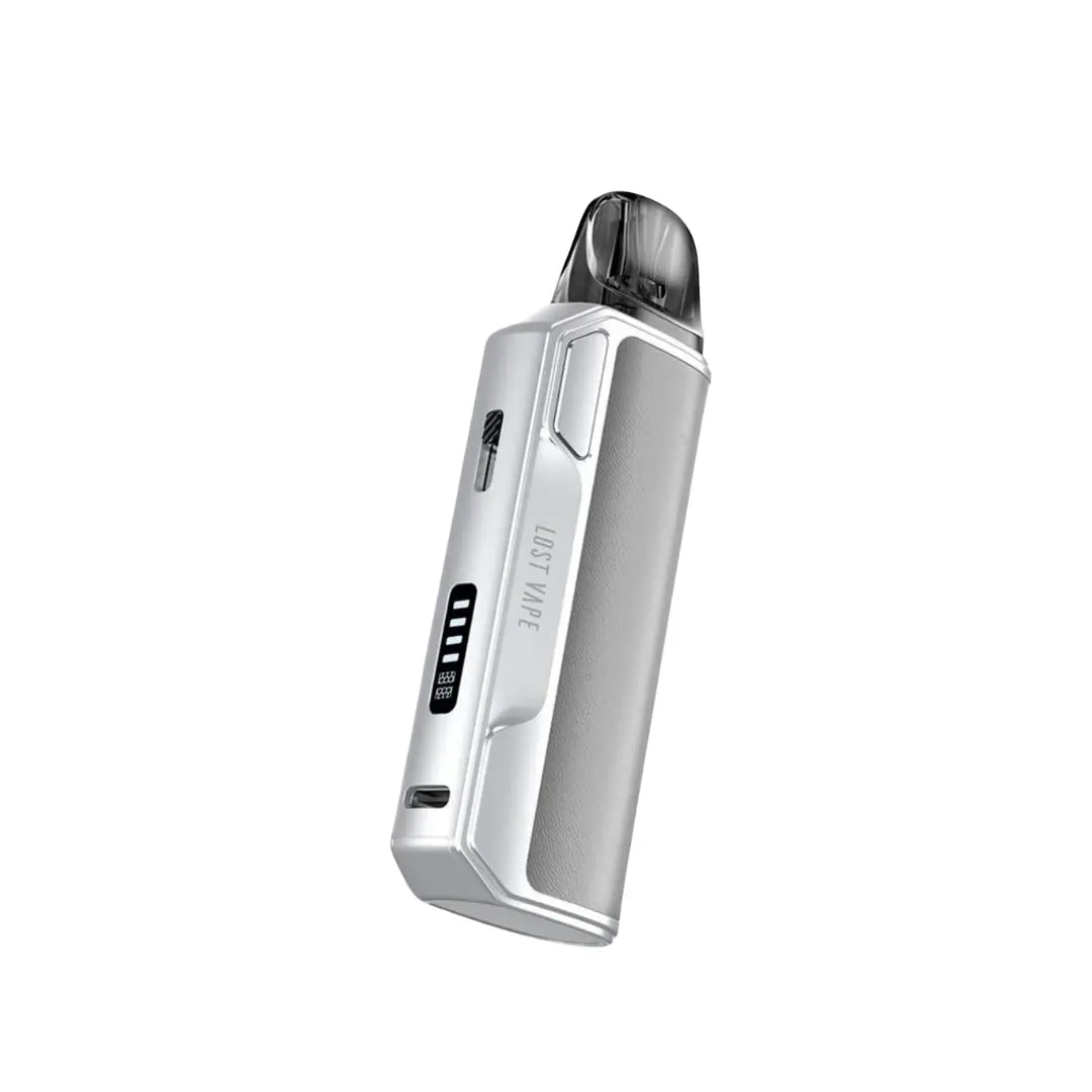 Lost Vape Thelema Elite S Pod Vape Kit in Twill Silver Colour. Showing  a type c charging port and small display screen