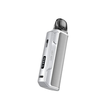 Lost Vape Thelema Elite S Pod Vape Kit in Twill Silver Colour. Showing  a type c charging port and small display screen