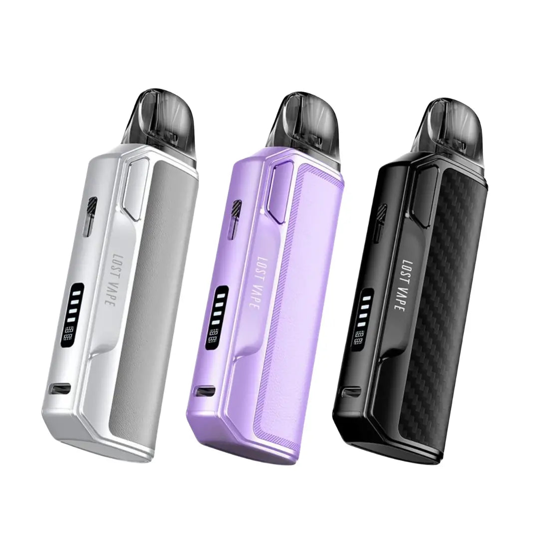 Lost Vape Thelema Elite S Pod Vape Kit in 3 different colours Twill Silver - Light Lavender - Carbon Black. Showing type c charging port and small display screen