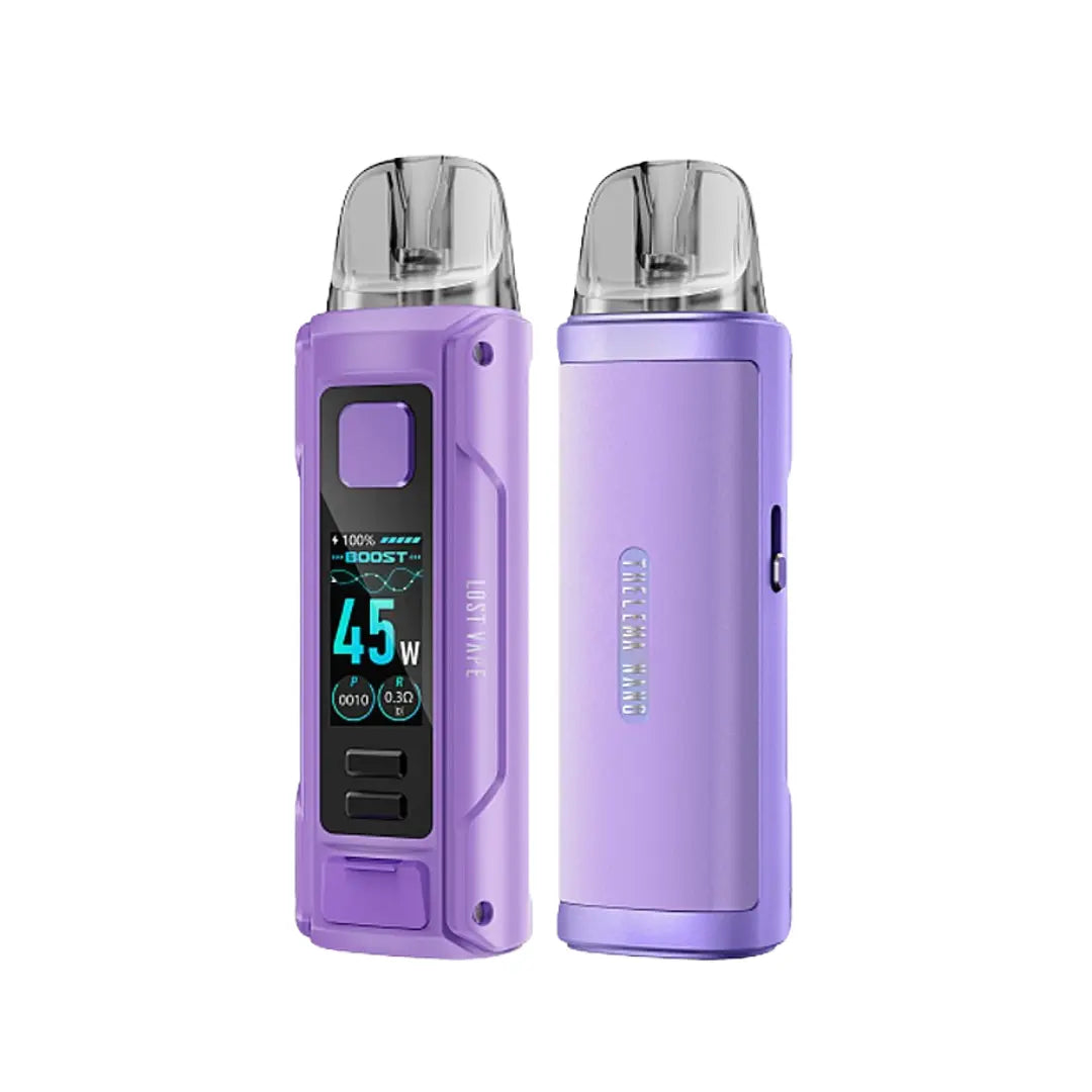 Lost Vape Thelema Nano 1500mAh Pod Kit in lavender violet colour with a max wattage of 45 watts perfect for nic salt e-liquids