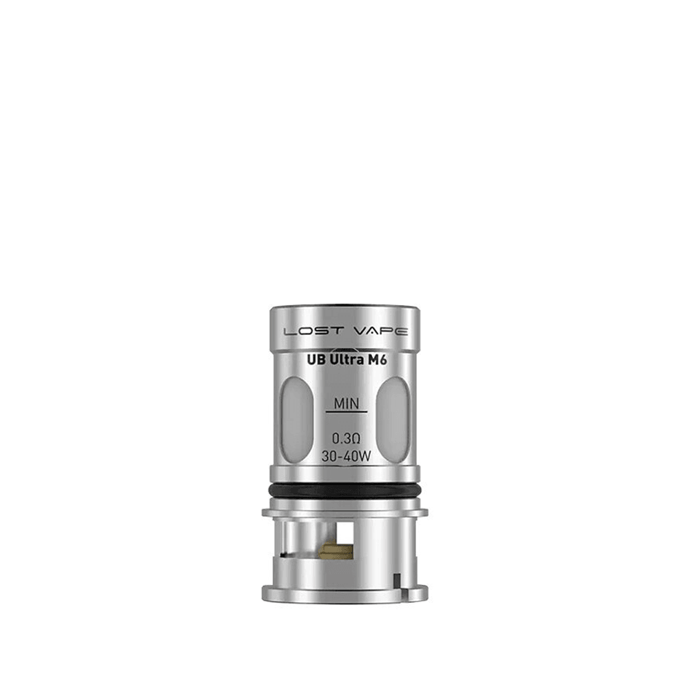Lost Vape UB Ultra M6 coil, silver, 0.3 ohm, 30-40W, displayed on a white background.