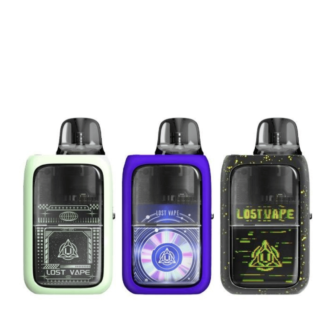 Three Lost Vape Ursa Epoch Pod Kits in green, purple, and black with unique designs.