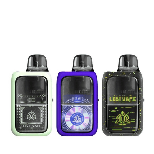 Three Lost Vape Ursa Epoch Pod Kits in green, purple, and black with unique designs.