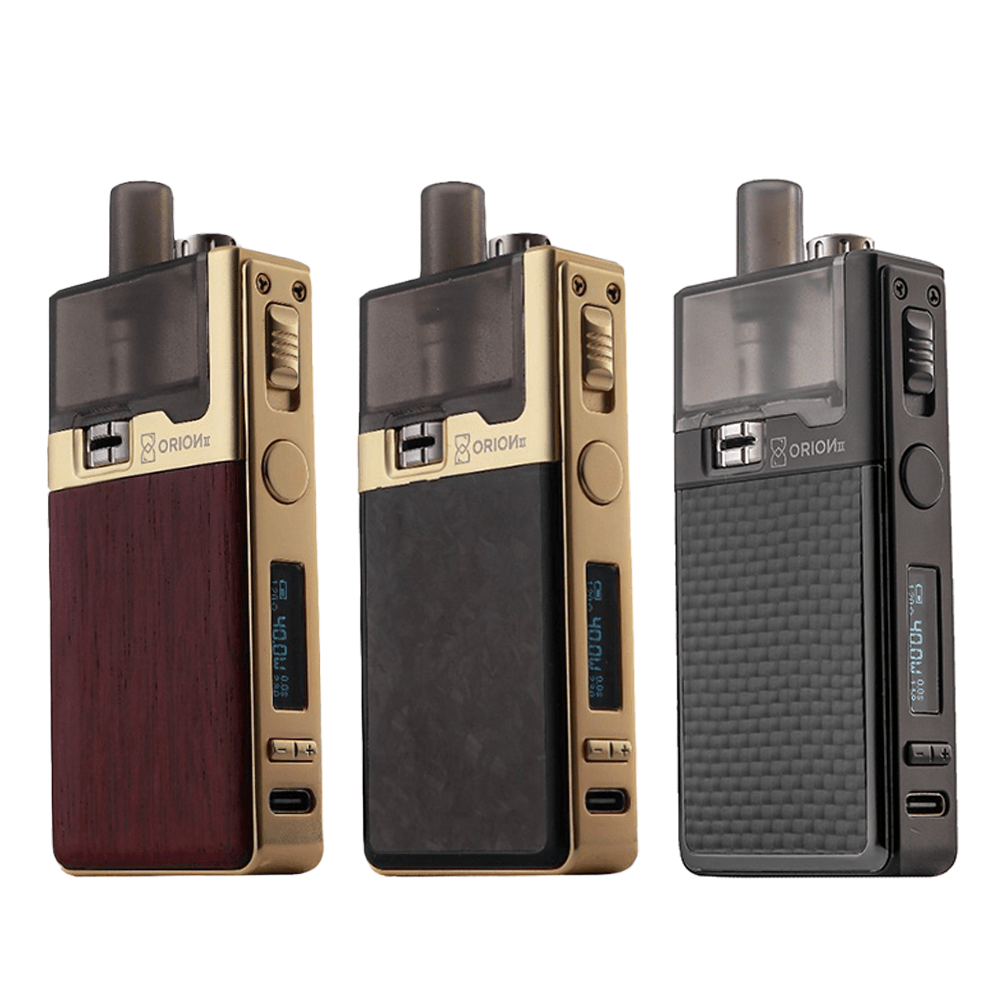 Three LVE Orion II pod kits in wood, carbon, and grey finishes.
